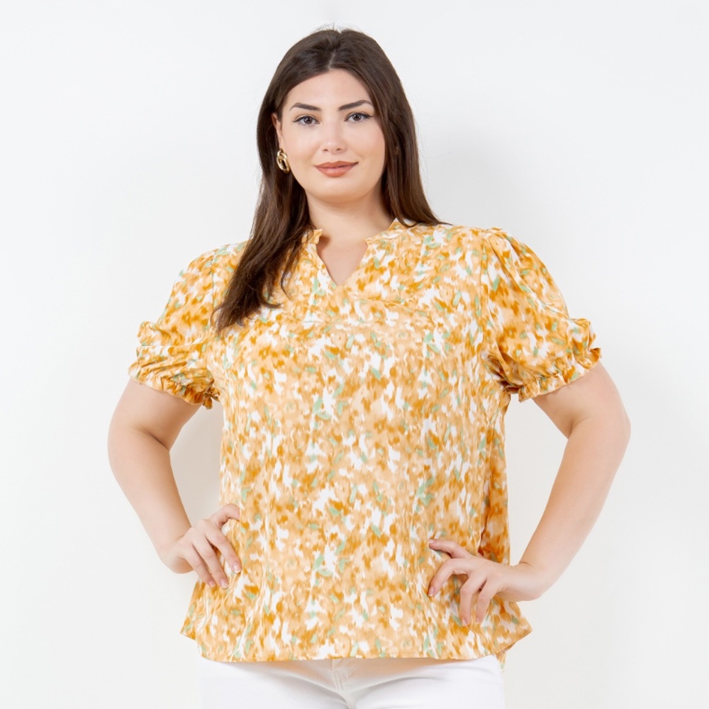 B-110-2，Print top，Plus Size ，Curve Size，Brand new，Yellow floral fragments
